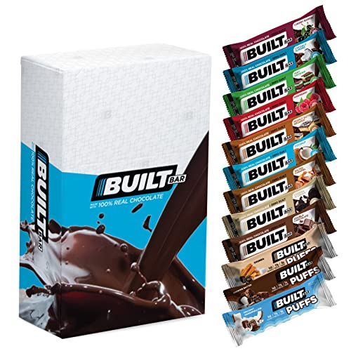 Built Bar 12 Flavor Variety Box, High Protein Macro Friendly - Low Carb, Low Calorie, Low Sugar - Covered in 100% Real Chocolate - Delicious, Nutritious, Healthy Snack (12 Flavor Sample Box)