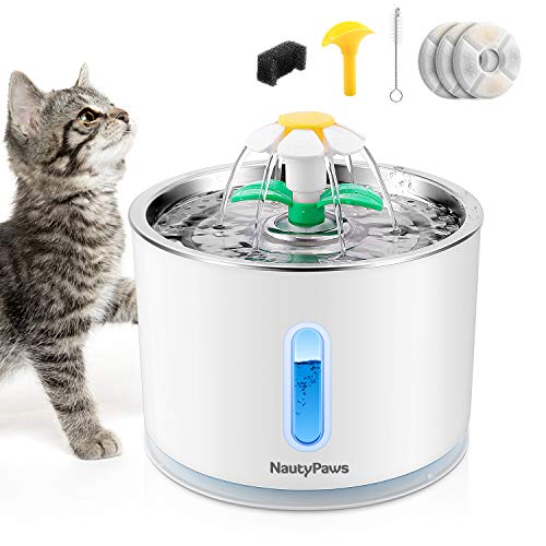 NautyPaws Cat Water Fountain Stainless Steel, Automatic Dog Water Dispenser 81oz/2.4L Pet Fountain with 3 Replacement Filters, Water Level Window with LED Light