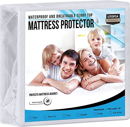 Utopia Bedding Premium Waterproof Terry Mattress Protector Twin 200 GSM, Mattress Cover, Breathable, Fitted Style with Stretchable Pockets (White)