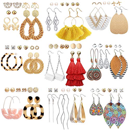 47 Pairs Fashion Earrings for Women Girls, Boho Statement Tassel Rattan Leather Earrings Butterfly Acrylic Hoop Stud Drop Dangle Earrings Set, Hypoallergenic for Sensitive Ears