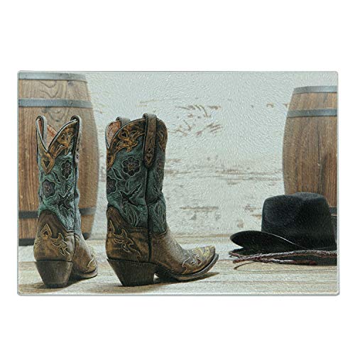 Lunarable Western Cutting Board, American Rodeo Theme Cowgirl Design Leather Boots Hat Rustic Picture, Decorative Tempered Glass Cutting and Serving Board, Small Size, Brown Teal Black