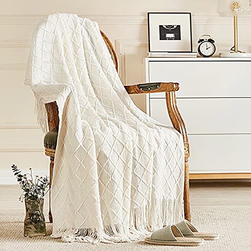 inhand Knitted Throw Blankets for Couch and Bed, Soft Cozy Knit Blanket with Tassel, Off White Lightweight Decorative Blankets and Throws, Farmhouse Warm Woven Blanket for Men and Women, 50'x60'