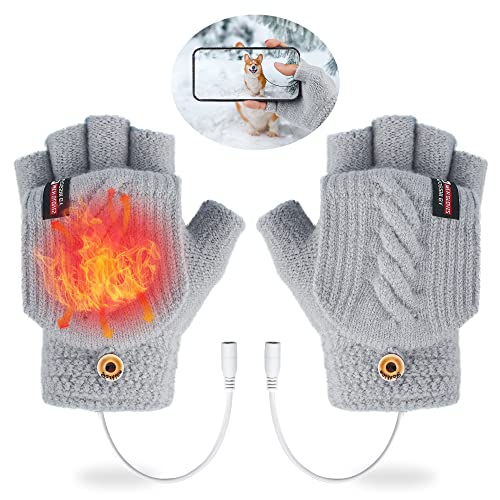 USB Heated Gloves for Women and Kids, Winter Warm Knitting Gloves, Full & Half Fingerless Gloves for Typing, Heated Mitten for Arthritis Hands(Grey)