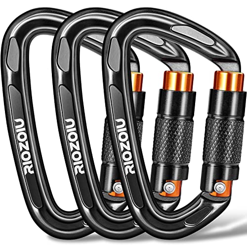 UIAA Certified Auto Locking Climbing Carabiner Clips 25KN Heavy Duty Large Locking Carabiner Clips for Rock/Ice Climbing Rappelling D Shaped 3.93 Inch, Large Size, Black (3)
