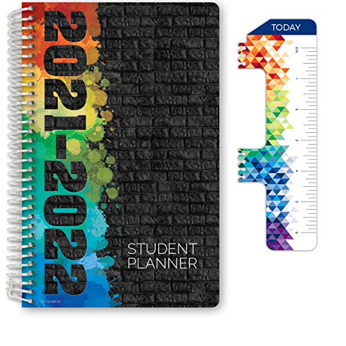 Global Datebooks Dated Middle School or High School Student Planner for Academic Year 2021-2022 (Block Style - 5.5'x8.5' - Black Painted Brick) - Includes Ruler/Bookmark and Planning Stickers