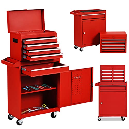 Goplus Rolling Tool Chest, 5-Drawer Tool Box Organizer w/ Lockable Wheels & Sliding Drawers & Detachable Top & Adjustable Shelf, Tool Storage Cabinet for Garage Workshop (Red)