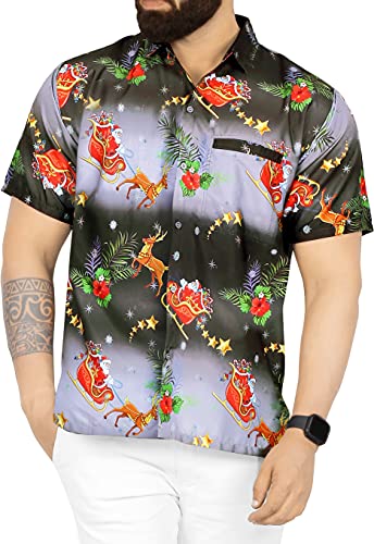 LA LEELA Men's Hawaiian Shirts Trendy Beach Shirts Casual Short Sleeve Button Down Collared Shirt Men 4XL Santa Reindeer Sleigh, Black
