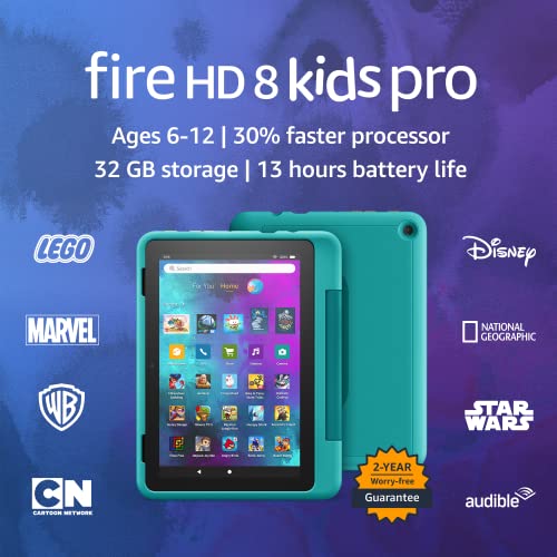 Amazon Fire HD 8 Kids Pro tablet- 2022, ages 6-12 | 8' HD screen, slim case for older kids, ad-free content, parental controls, 13-hr battery, 32 GB, Hello Teal