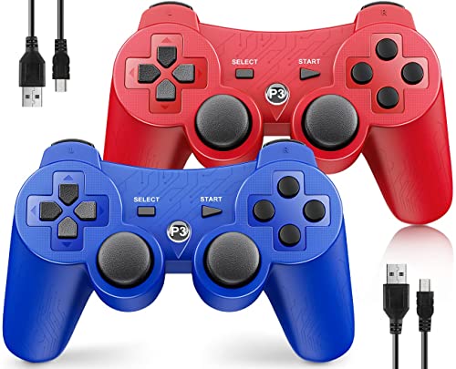 Controller Wireless for PS3, Controller for Sony Playstation 3, 2 Pack, Doubleshock,6-Axis,Upgraded Gamepad Remote for PS3 Controller for Playstation 3 Controller with Analog Joysticks, Blue + Red