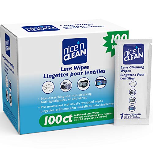 Nice 'n Clean Lens Cleaning Wipes (100 Total Wipes) | Pre-Moistened Individually Wrapped Wipes | Non-Scratching & Non-Streaking | Safe for Eyeglasses, Goggles, & Camera Lens