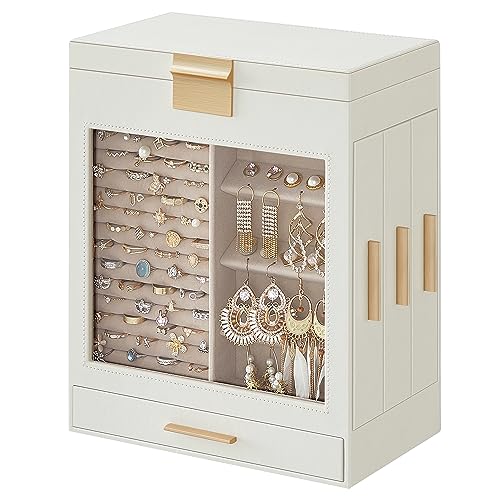 SONGMICS Jewelry Box with Glass Window, 5-Layer Jewelry Organizer with 3 Side Drawers, Jewelry Storage, with Vertical Storage Space, Big Mirror, Modern, Simply White and Metallic Gold UJBC162W01