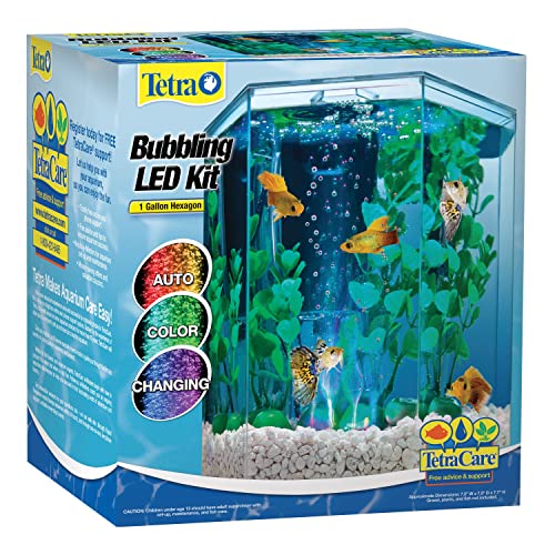 Tetra Bubbling LED Aquarium Kit 1 Gallon, Hexagon Shape, With Color-Changing Light Disc,Green (Packaging may vary) , 1 gallon (7.5 x 7.5 x 7.7')