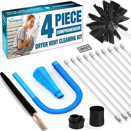 Sealegend 4-Pieces Dryer Vent Cleaner Kit Omnidirectional Dryer Cleaning Kit Include 30 Feet Dryer Vent Brush, Blue Dryer Lint Vacuum Attachment&Dryer Lint Trap Brush, Vacuum & Dryer Adapters