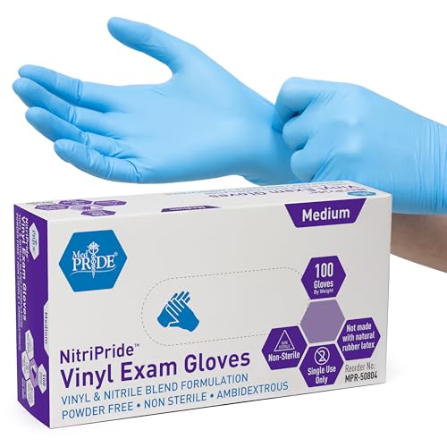 MED PRIDE NitriPride Nitrile-Vinyl Blend Exam Gloves, Medium 100 - Powder Free, Latex Free & Rubber Free - Single Use Non-Sterile Protective Gloves for Medical Use, Cooking, Cleaning & More