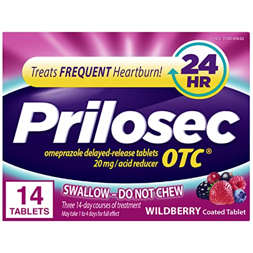 Prilosec OTC Frequent Heartburn Relief Medicine and Acid Reducer, Wildberry Flavor, 14 Tablets – Omeprazole Delayed-Release Tablets 20mg - Proton Pump