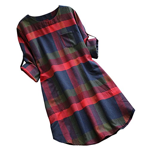 Ashir Aley Vintage Red Plaid Round Neck Loosen Pockets Long Sleeve Casual Tunic Shirt Dress(XL)