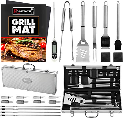 ROMANTICIST 23pc Must-Have BBQ Grill Accessories Set with Thermometer in Case - Stainless Steel Barbecue Tool Set with 2 Grill Mats for Backyard Outdoor Camping - Best Grill Gift for on Birthday