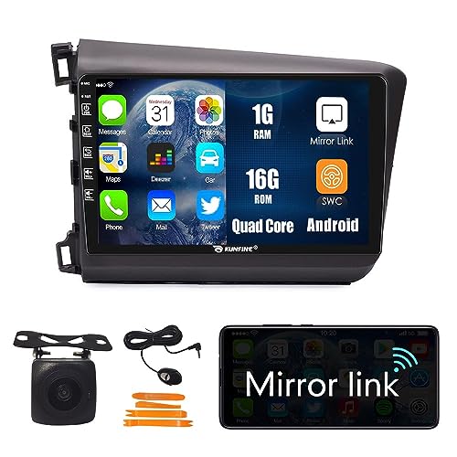 Kunfine Car Android Navigation Stereo GPS Radio Reverse Camera Display 9' IPS Touchscreen Headunit Tablet Pad Media Player for Honda Civic 2012-2015 LHD, if Applicable Quad Core 1G+16G