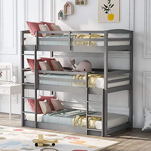 Merax Twin Triple Bunk Bed, Wood Twin Size Triple Bed Frame with Guard Rail and Ladder, Can be Divided into 3 Separate Beds, Gray