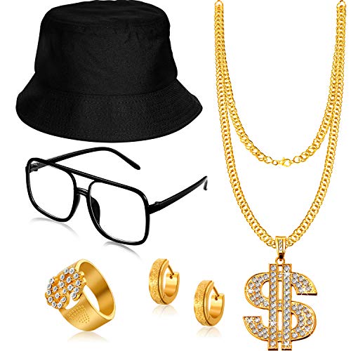 5 PCS Hip Hop Costume Kit Bucket Hat Sunglasses Dollar Sign Chain Ring Earring