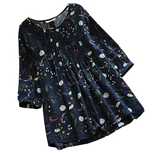 Ashir Aley 3/4 Sleeve Cute Lovely Pleated Floral Pattered Casual Loosen Tunic Tops Blouse(S,Navy Blue)