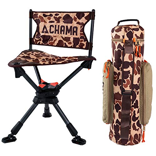 CHAMA Pursuit Chair & Travel Bag -Vintage Camo- All-Terrain 360 Degree Swivel Seat Hunting Chair - Each Leg Adjusts for Optimal Height and Level - Easily Converts to a Hunting Stool