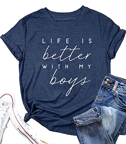 BOMYTAO Life is Better with My Boys Shirt for Women Mom T Shirts Funny Short Sleeve Casual Tops Tees (Blue, Large)