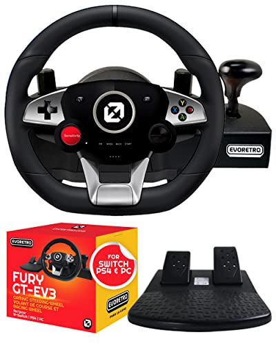 FURY GT-EV3 Gaming Steering Wheel and Pedals Compatible for Nintendo Switch Games, PC, PS4 - Racing Wheel for Mario Kart 8 Featuring High Vibration Feedback, Adjustable Clamp, and Storage Bag