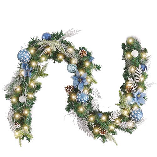 WANNA-CUL Pre-Lit 6 ft Silver Blue Christmas Garland Decor with Lights for Front Door Lighted Christmas Mantel Garland Decoration