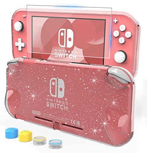 HEYSTOP Switch Lite Pink Cover Case for Girls, Glitter Bling TPU Protective Case with HD Tempered Glass Screen Protector and Thumb Grips with Shock-Absorption/Anti-Scratch Design - Glitter Bling