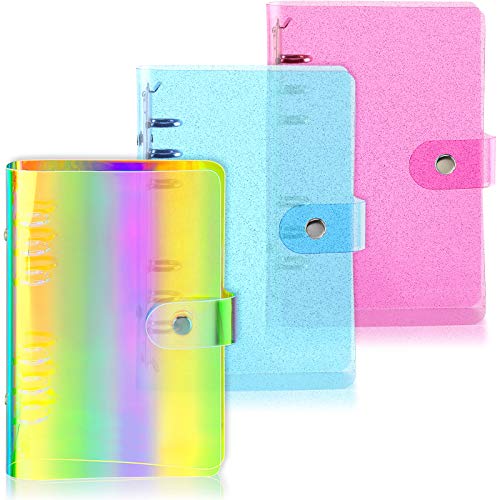 3 Pieces A6 Soft PVC 6-Ring Binder Cover with Glitter, Rainbow Clear Transparent PVC Notebook Folder Cover with Snap Button Closure Loose Leaf Binder Protector