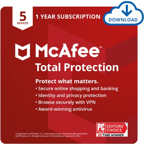 [Old Version] McAfee Total Protection 2022 | 5 Device | Antivirus Internet Security Software | VPN, Password Manager, Dark Web Monitoring | 1 Year Subscription | Download Code