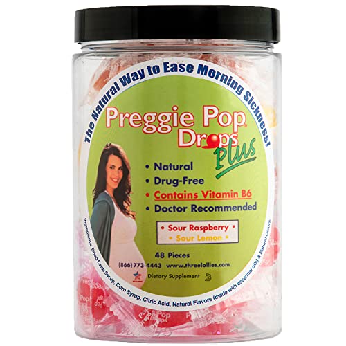 Preggie Pop Drops Plus Fortified with Vitamin B6 - Morning Sickness Relief Fortified with Vitamin B6. Preggie Pops for Relief for Pregnant Women Candy Drops. Sour Raspberry & Sour Lemon 48 Count