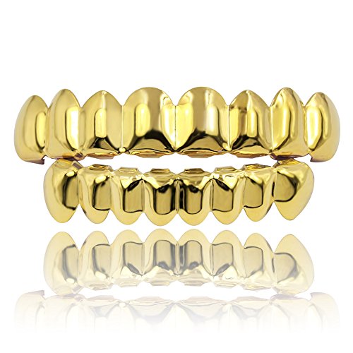 JINAO Grills for Your Teeth 18K Gold Plated Gold Finish 8 Top Teeth 8 Bottom Tooth Grillz Hip Hop Mouth Grills for Men Women (Gold Set)