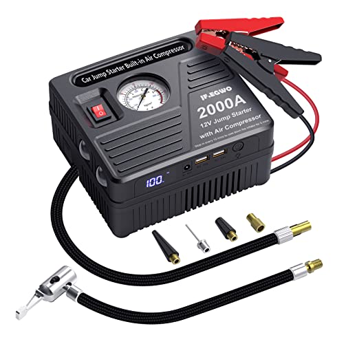 JF.EGWO Car Jump Starter with Air Compressor, 2000 AMP 150 PSI, 20000 mAh Li-on Battery Jump Pack with Air Pump, Built-in 2 USB Charging Ports and 2 LED Light, 8L Gas 6L Diesel Car Starter