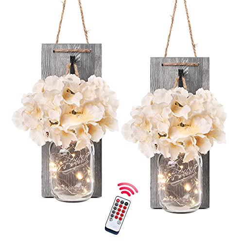 Besuerte Rustic Wooden Wall Hanging Decor with LED String Lights for Modern Living Room and Bedroom, Inspirational Country Style Vintage Wall Decoration Art, 6 Hour Timer Set of 2 Grey