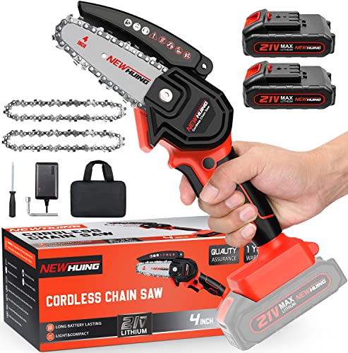 Mini Cordless Chainsaw Kit, Upgraded 4' One-Hand Handheld Electric Portable Chainsaw, 21V Rechargeable Battery Operated, for Tree Trimming and Branch Wood Cutting by New Huing