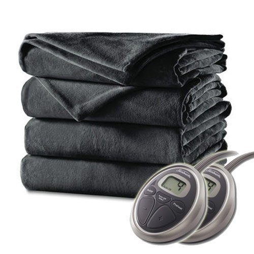 Sunbeam Luxurious Velvet Electric Heated Blanket, Auto Shut-Off, 10 Heat Settings,Two Controllers, Machine Washable, Queen (Charcoal Gray)