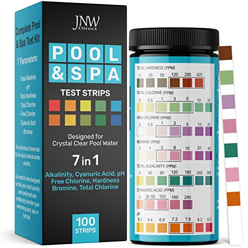 Pool and Spa Test Strips - Quick and Accurate Pool Test Strips - 7-1 Pool Test Kit - 100 Bromine, pH, Hardness and Chlorine Test Strips - with E-Book - 100 Water Test Strips - JNW Direct