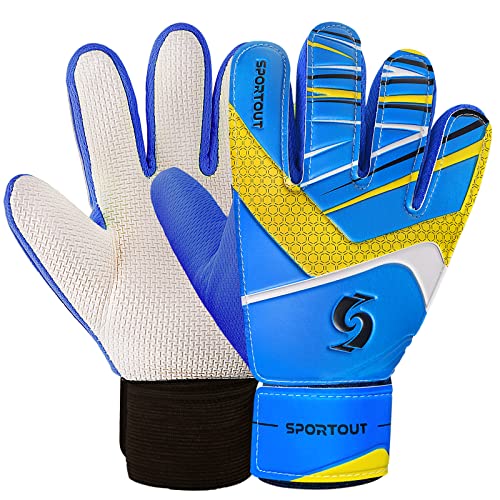 Sportout Kids Goalkeeper Gloves, Soccer Gloves with Double Wrist Protection and Non-Slip Wear Resistant Latex Material to Give Splendid Protection to Prevent Injuries (Blue, 5)