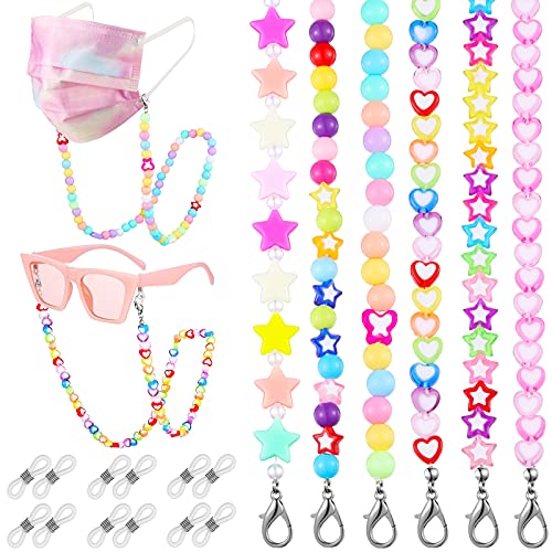 MTLEE 6 Pieces Kids Mask Lanyard Cute Beaded Glasses Chain Mask Necklace Holder with 12 Eyeglasses Chain Ends for Women Girls for Students School Present (Cute Style)