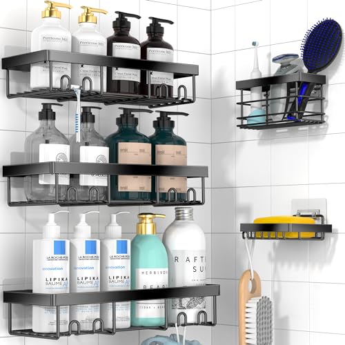 Moforoco 5 Pack Adhesive Shower Organizer Shelves Caddy Rack for Bathroom Storage Organization, Home&Kitchen Decor No Drilling Inside RV Accessories, First Apartment Household Essentials