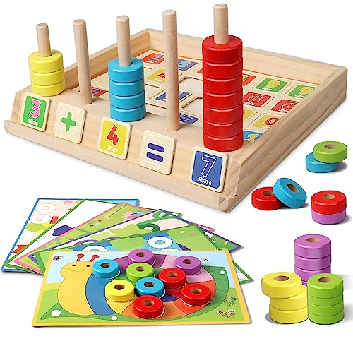 Lydaz Montessori Math Manipulatives Toys, Kids Wooden Number Blocks Toys, Kindergarten Learning Education Toy, Preschool Classroom Must Haves, STEM Counting Puzzle Toy Gift for Toddler 3 4 5 6 Years