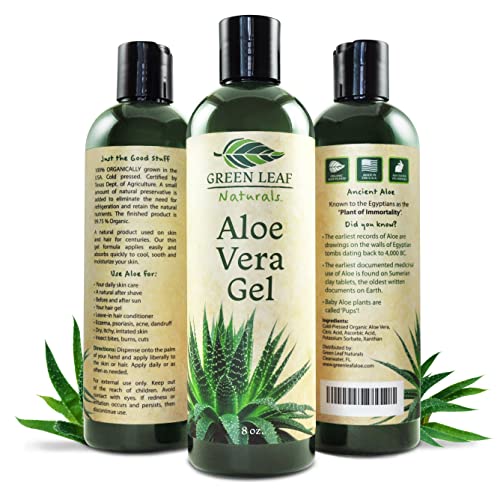 Green Leaf Naturals Organic Aloe Vera Gel for Natural Skin Care | 100 % Pure Aloe Vera | Thin Aloe Gel for Skin, Face, Hair, Daily Moisturizer, Aftershave lotion, Sunburn Relief - 8 Ounce