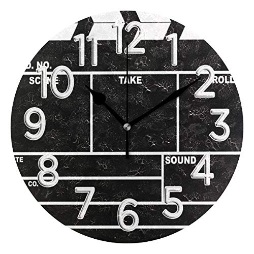 Silent Round Wall Clock Clapperboard Design Clock Battery Operated Wall Clock 9.85 Inch Non Ticking for Home Office