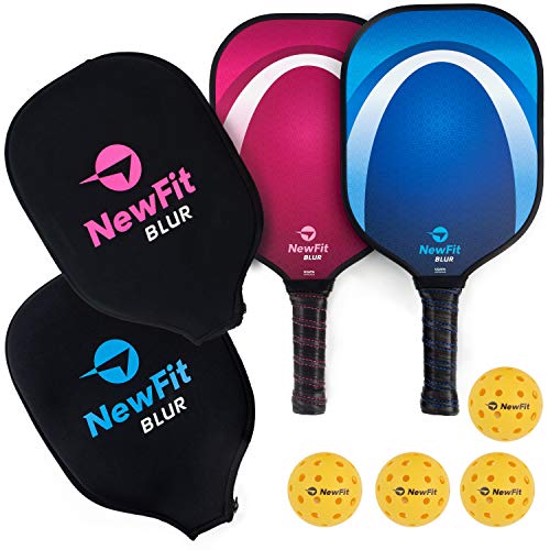 NewFit Blur Pickleball Paddles - USAPA Approved Pickleball Paddle Set of 2 with Covers and Four Pickleballs - Graphite Face & Honeycomb Polymer Core for a Quiet and Light Pickleball Racket (Blue-Pink)
