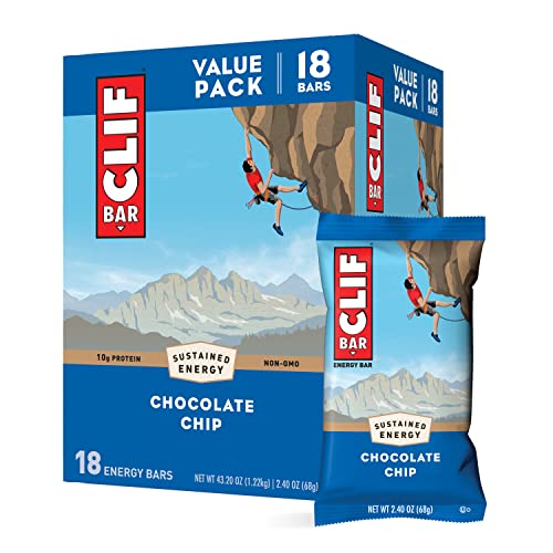 CLIF BARS - Energy Bars - Chocolate Chip - Made with Organic Oats - Plant Based Food - Vegetarian - Kosher (2.4 Ounce Protein Bars, 18 Count) Packaging May Vary