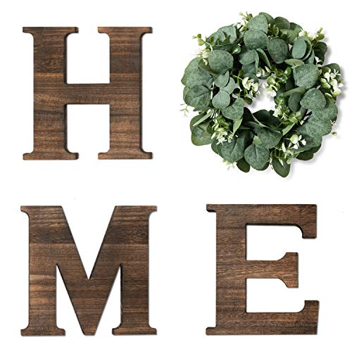 Yoleshy Wooden Home Sign with Artificial Eucalyptus Wreath for O, 9.8'' Letters for Wall Hanging Rustic Letters Decor for Living Room, Entry Way, Kitchen, Etc (Brown)