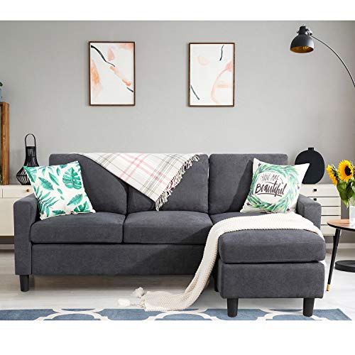 Shintenchi Convertible Sectional Sofa, Modern Linen Fabric L-Shaped Couch 3-Seat Sofa Sectional with Reversible Chaise for Living Room, Apartment and Small Space (Dark Grey)