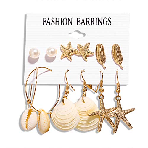 Starfish Shell Conch Stud Earrings,Jushye Metal Five-Pointed Star Scallop Conch Stud Dangle Drop Earrings Gift Set for Girls Women Jewelry (A)